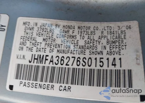 2006 Honda Civic Hybrid z USA, uszkodzony, nr VIN JHMFA36276S015141